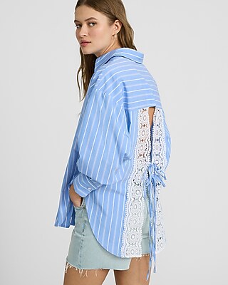 Striped Lace Open Back Tie Boyfriend Portofino Shirt