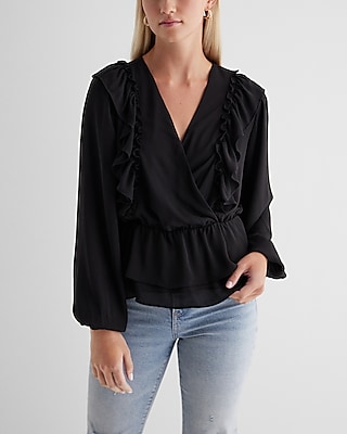 V-neck Faux Wrap Flutter Ruffle Peplum Top | Express