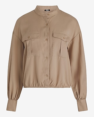 Long Sleeve Front Pocket Cinched Hem Shirt | Express