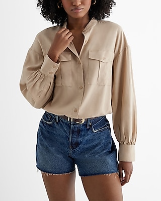 Long Sleeve Front Pocket Cinched Hem Shirt | Express