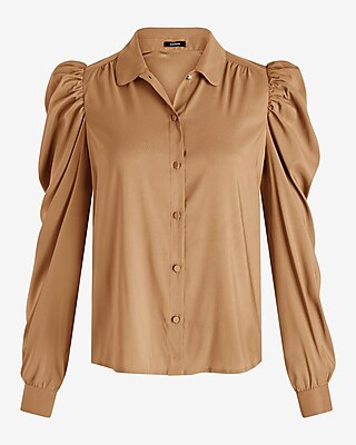 Satin Puff Shoulder Long Sleeve Portofino Shirt