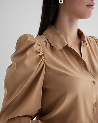 Satin Puff Shoulder Long Sleeve Portofino Shirt