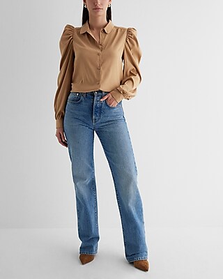 Satin Puff Shoulder Long Sleeve Portofino Shirt