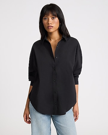 womens black button down dress shirt Womens Oversized Button-Up HER shirt StudioSuits- Women's Giza Black Cotton