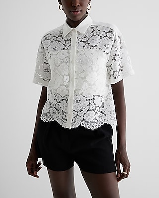 Lace Short Sleeve Button Up Shirt