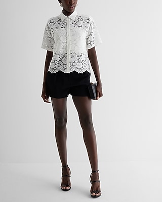 Lace Short Sleeve Button Up Shirt