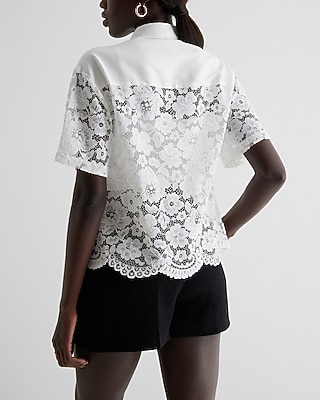 Lace Short Sleeve Button Up Shirt