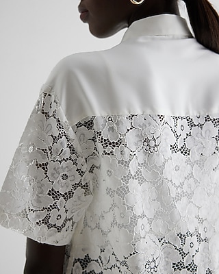 Lace Short Sleeve Button Up Shirt