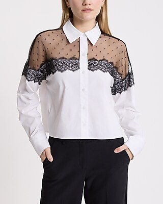 Mesh Dot Lace Cropped Portofino Shirt