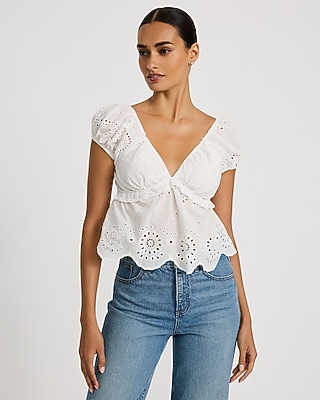 Cotton Eyelet V-Neck Puff Sleeve Top