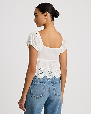 Cotton Eyelet V-Neck Puff Sleeve Top