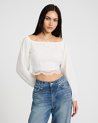 Smocked Crochet Long Sleeve Crop Top