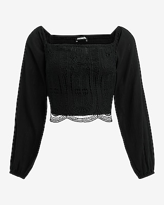 Smocked Crochet Long Sleeve Crop Top