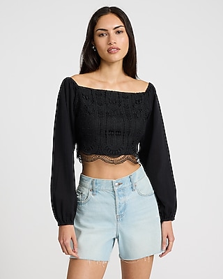 Smocked Crochet Long Sleeve Crop Top