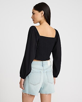 Smocked Crochet Long Sleeve Crop Top