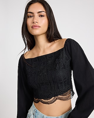 Smocked Crochet Long Sleeve Crop Top