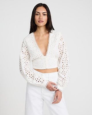 Eyelet V-neck Long Sleeve Cropped Top