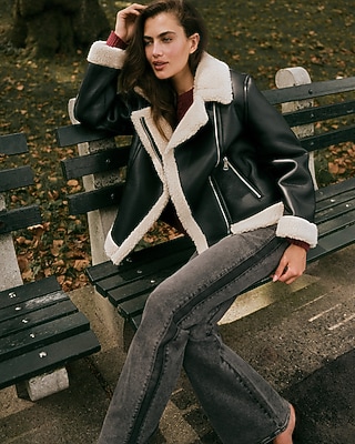 Faux Leather Sherpa Lined Moto Coat | Express