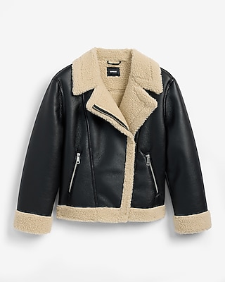 Faux Leather Sherpa Lined Moto Coat