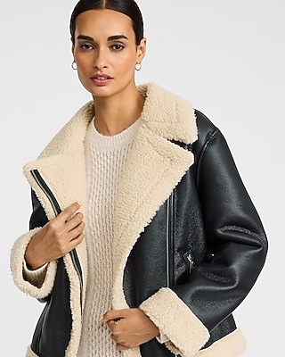 Faux Leather Sherpa Lined Moto Coat