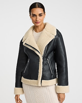 Faux Leather Sherpa Lined Moto Coat
