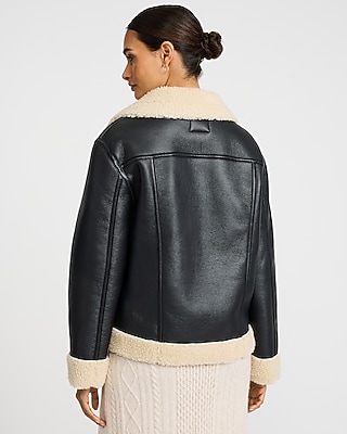 Faux Leather Sherpa Lined Moto Coat