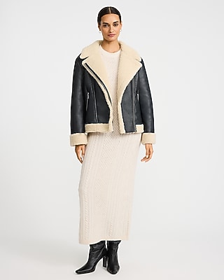 Faux Leather Sherpa Lined Moto Coat