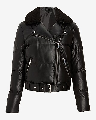 Faux Leather Moto Puffer Coat