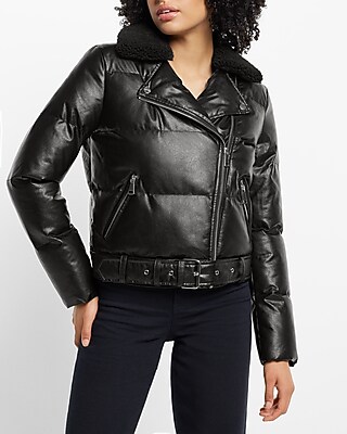 Faux Leather Moto Puffer Coat