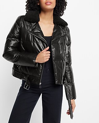 Faux Leather Moto Puffer Coat