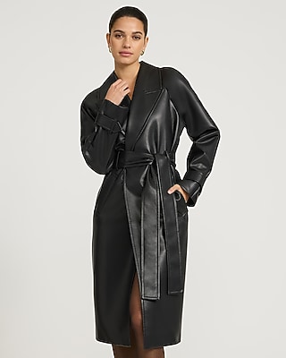Faux Leather Belted Trench Coat
