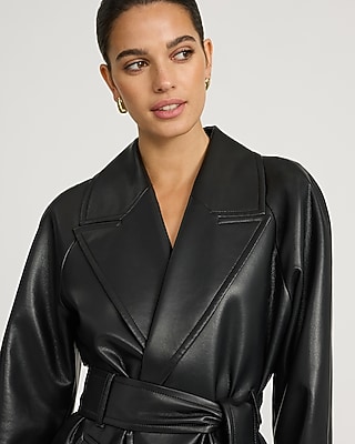Faux Leather Belted Trench Coat