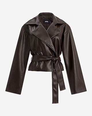 Faux Leather Belted Cropped Trench Coat