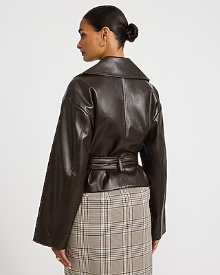 Faux Leather Belted Cropped Trench Coat