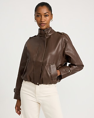 Faux Leather Funnel Neck Bomber Jacket