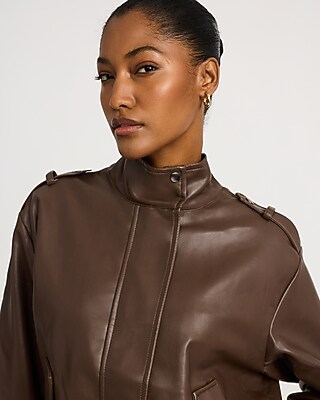 Faux Leather Funnel Neck Bomber Jacket
