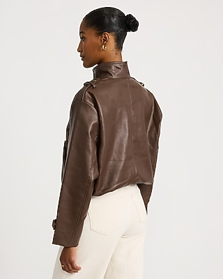 Faux Leather Funnel Neck Bomber Jacket