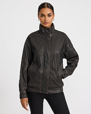 Distressed Faux Leather Funnel Neck Oversized Jacket