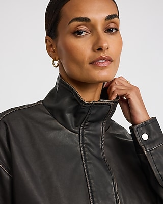 Distressed Faux Leather Funnel Neck Oversized Jacket