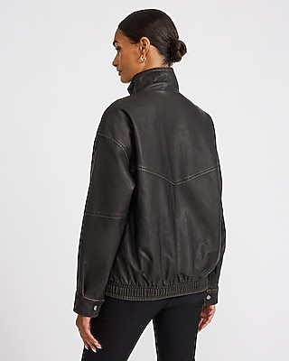 Distressed Faux Leather Funnel Neck Oversized Jacket