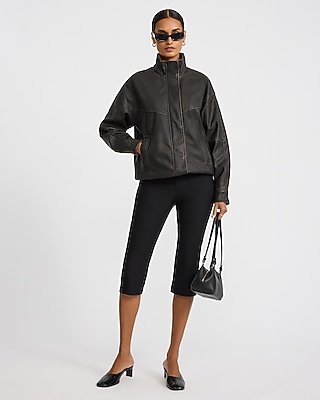 Distressed Faux Leather Funnel Neck Oversized Jacket