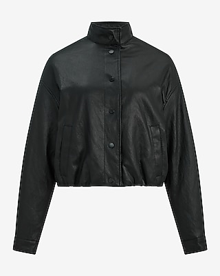 Faux Leather Funnel Neck Snap Button Front Bomber Jacket - thumbnail 8