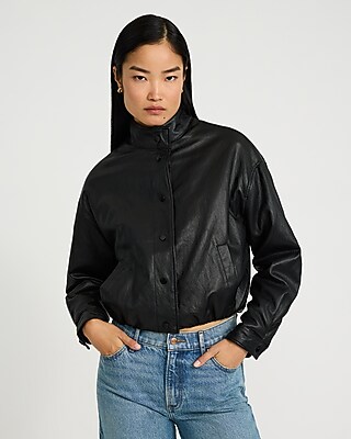 Faux Leather Funnel Neck Snap Button Front Bomber Jacket - thumbnail 3