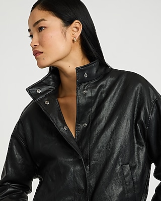 Faux Leather Funnel Neck Snap Button Front Bomber Jacket - thumbnail 4