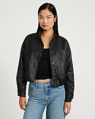 Faux Leather Funnel Neck Snap Button Front Bomber Jacket - thumbnail 5