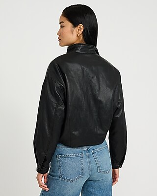 Faux Leather Funnel Neck Snap Button Front Bomber Jacket - thumbnail 6