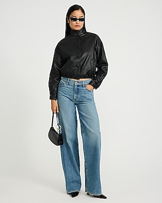 Faux Leather Funnel Neck Snap Button Front Bomber Jacket - thumbnail 2