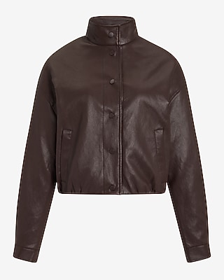 Faux Leather Funnel Neck Snap Button Front Bomber Jacket