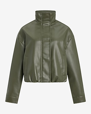 Faux Leather Funnel Neck Zip Front Bomber Jacket