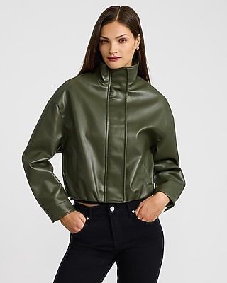 Faux Leather Funnel Neck Zip Front Bomber Jacket